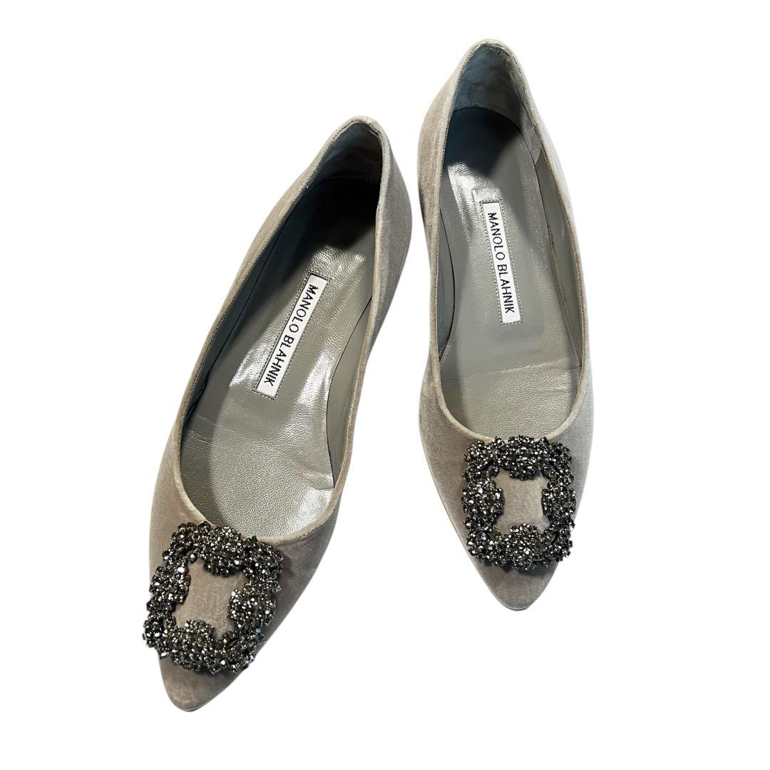 【美品】MANOLO BLAHNIK ハンギシ 35 グレー フラットシューズ
