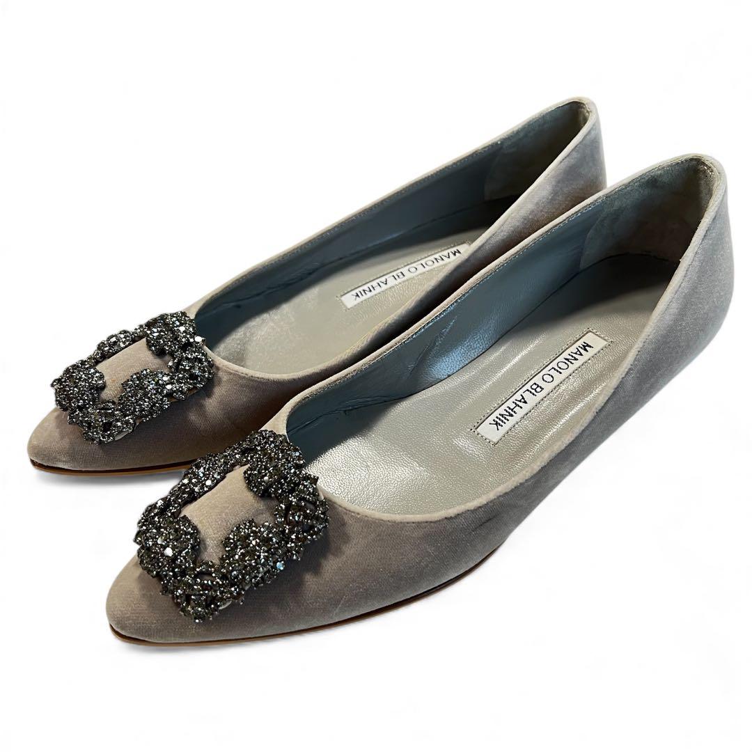 【美品】MANOLO BLAHNIK ハンギシ 35 グレー フラットシューズ