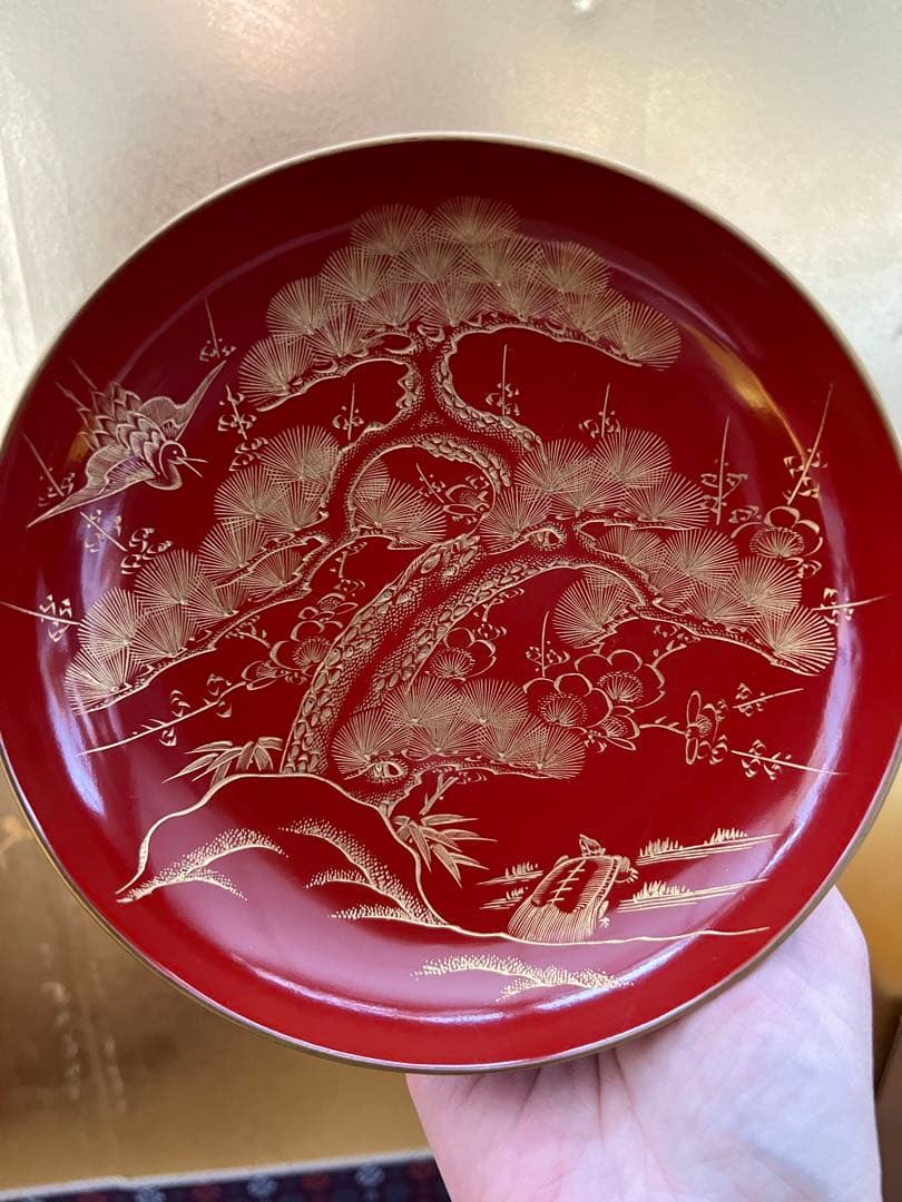 朱塗沈金鶴亀松竹梅文　盃台　五ツ組盃　木箱付　明治時代