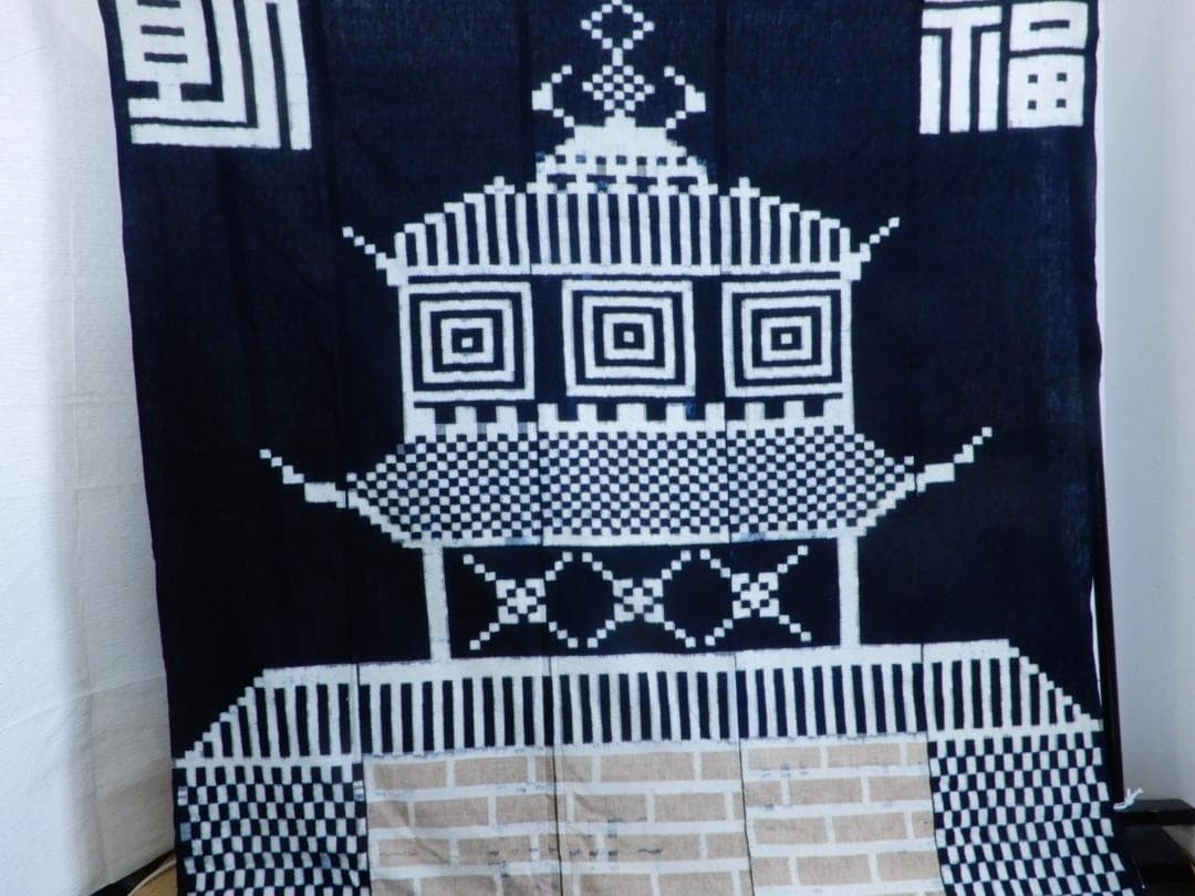 木綿・古布・明治期・手織り藍染・久留米絣・ビルヂング・5巾・一部草木染絣