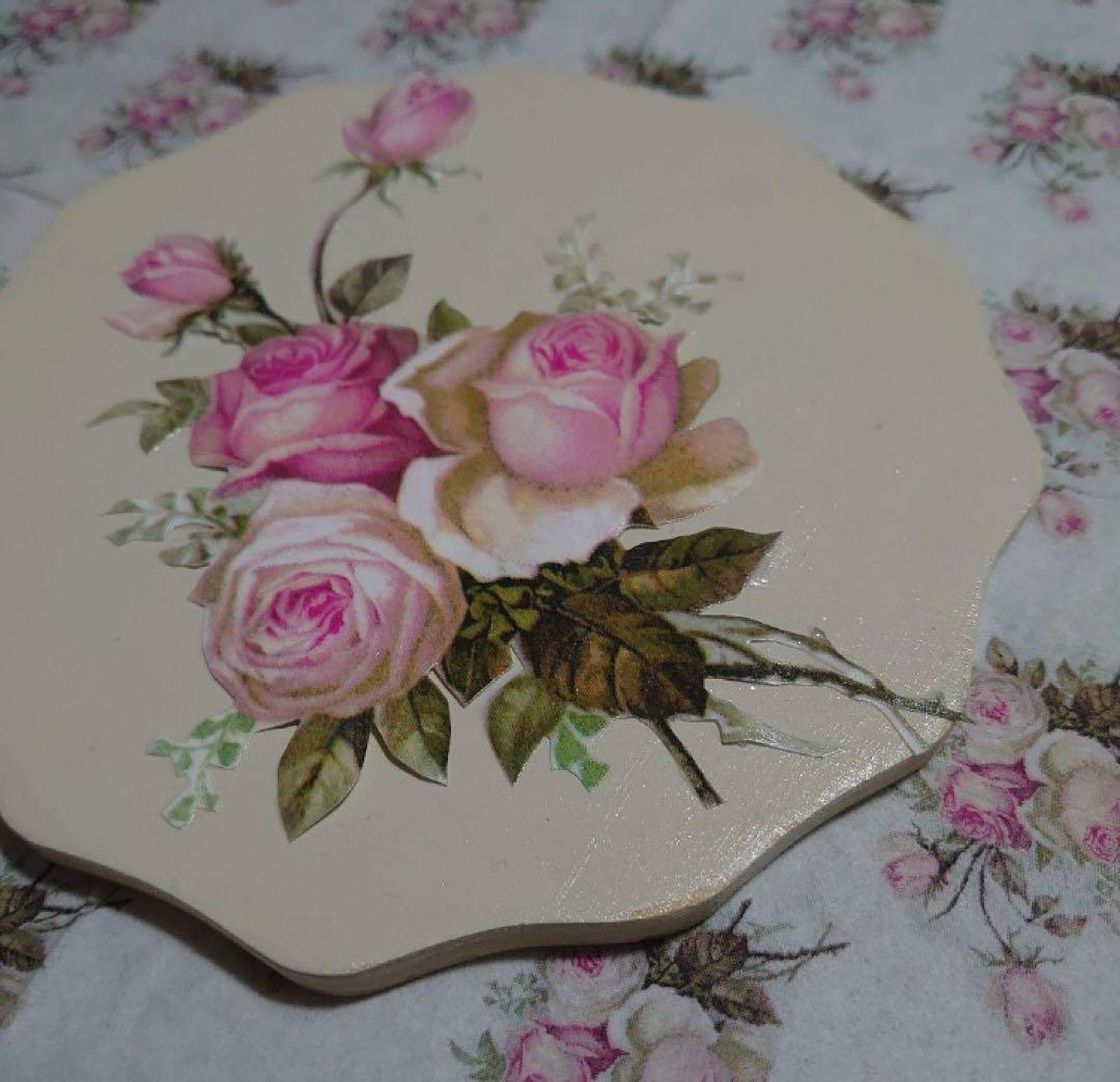 バラの花 八角形 木製プレートデコパージュ作品