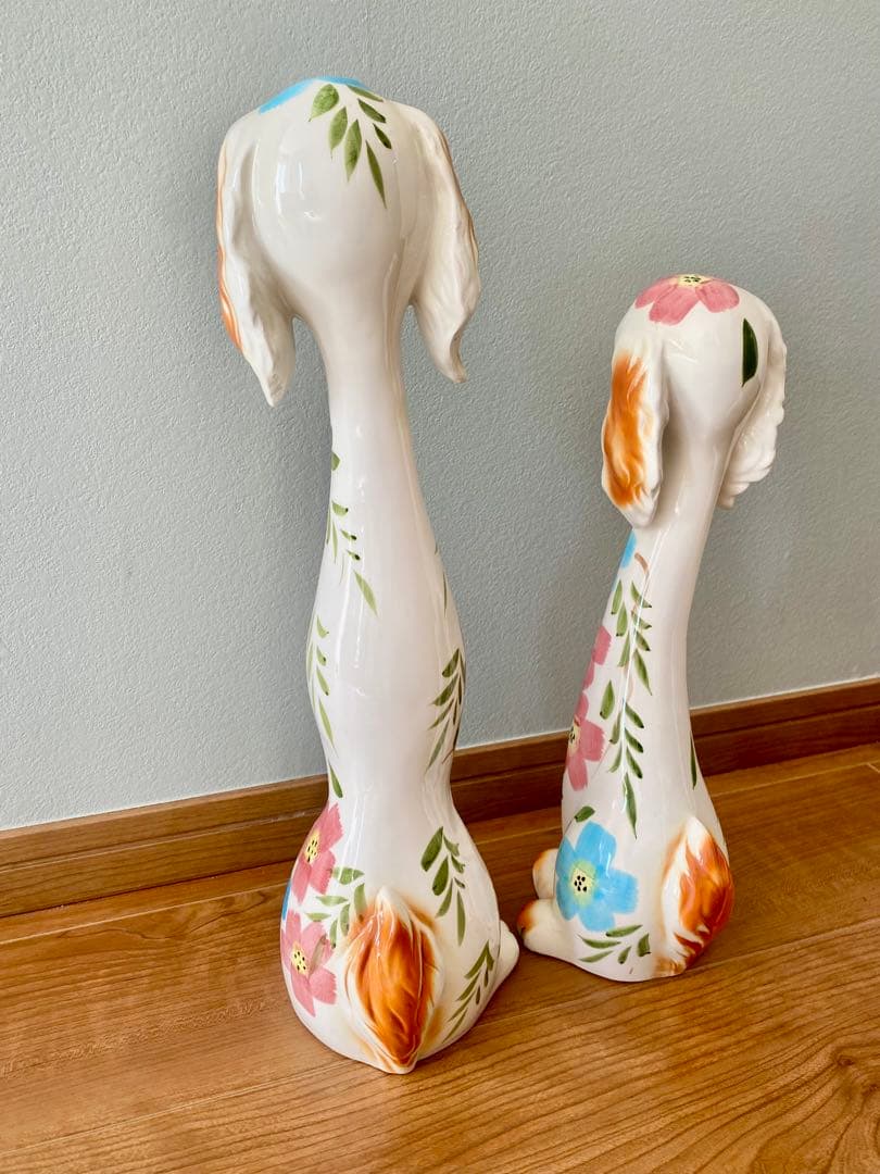 ❗️アンティークペアセット❗️花柄　犬の置物（大・小）