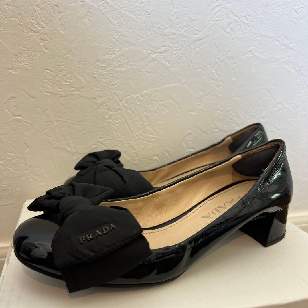 プラダ リボン バレエシューズ ロゴ フラットシューズ 36 ブラック