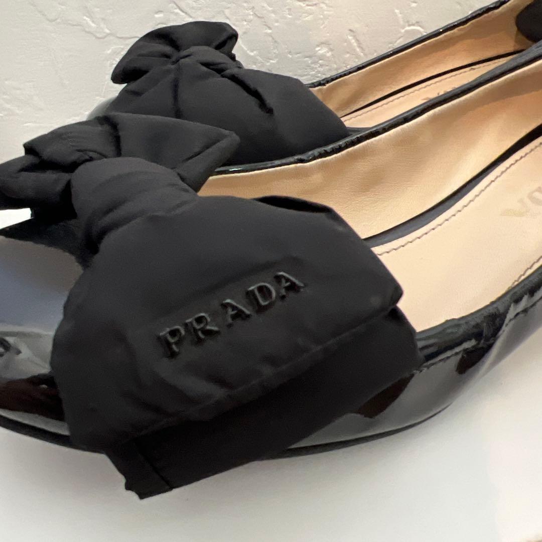 プラダ リボン バレエシューズ ロゴ フラットシューズ 36 ブラック