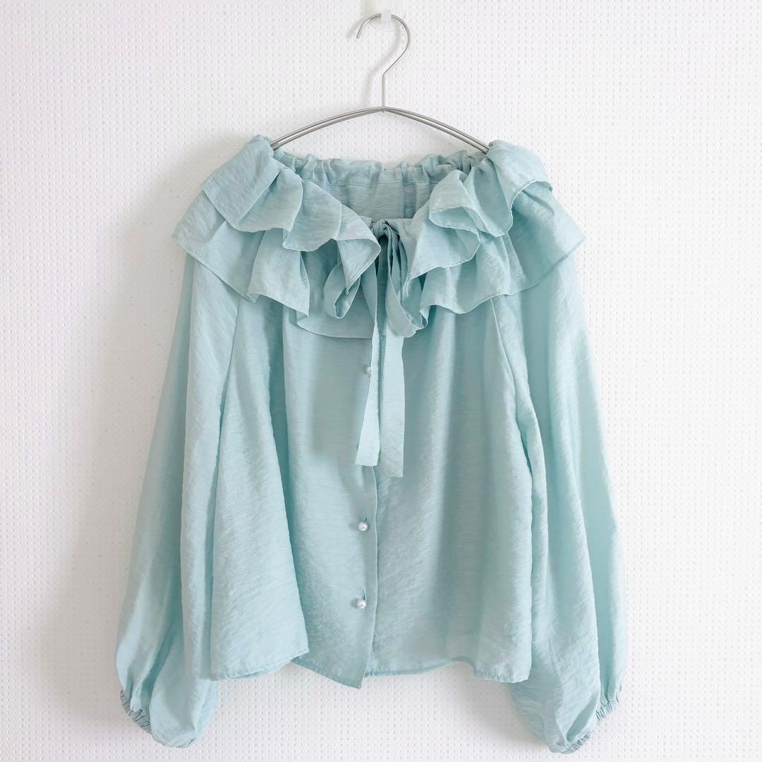 新品　La boutique BonBonギャザーフリルリボンブラウス　グリーン