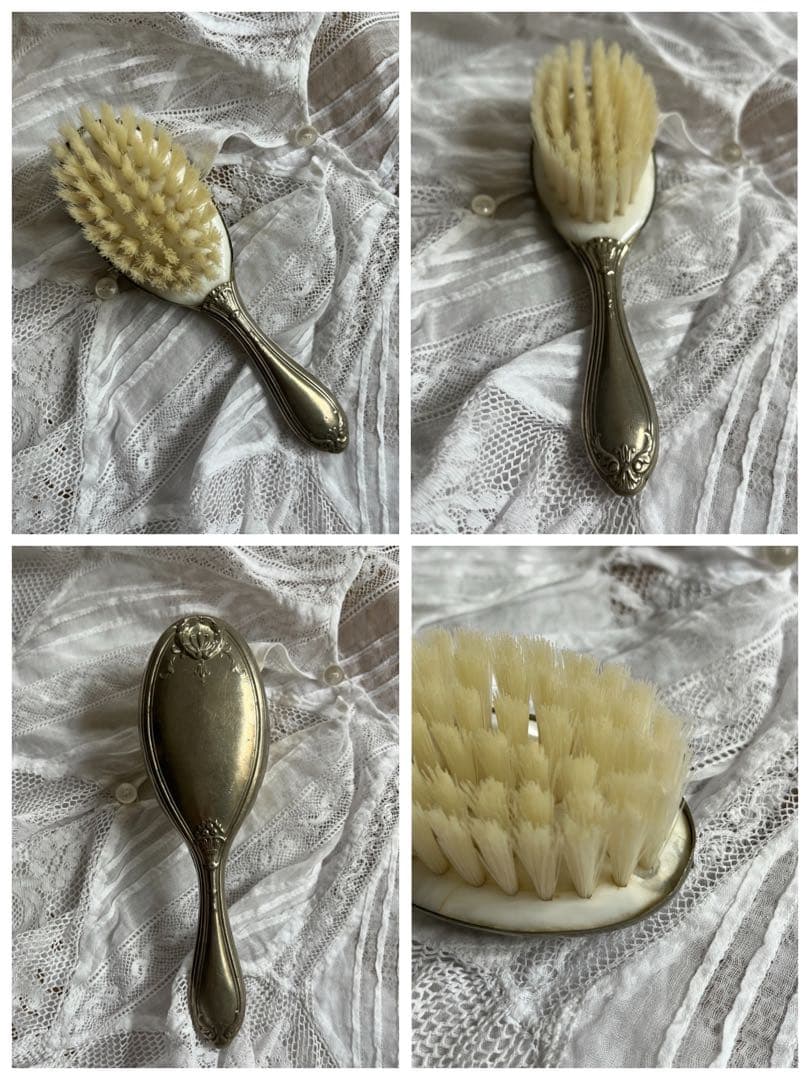 ◆フランスアンティーク｜メイク道具6点、ヘアブラシ、リモージュ、手鏡、イヤリング