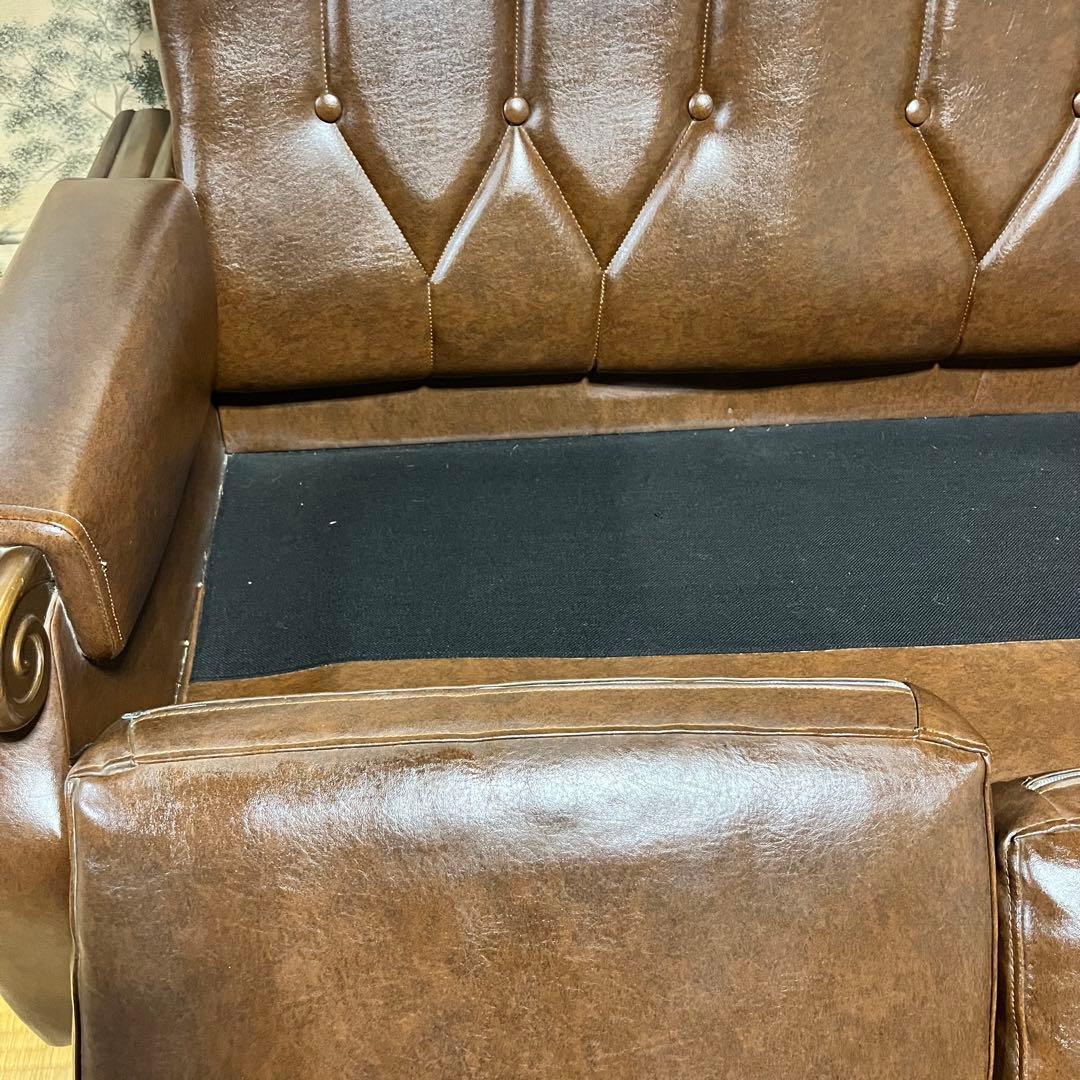 2/15まで！　昭和レトロ　ブラウン　合皮3人掛けソファー