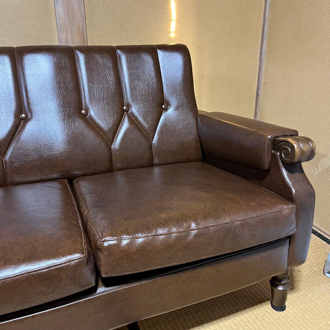 2/15まで！　昭和レトロ　ブラウン　合皮3人掛けソファー