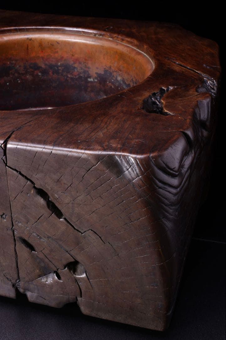 時代物 天然木 刳貫 火鉢 瓶掛 特大 幅62㎝ 銘木 木製火鉢 囲炉裏 茶道具