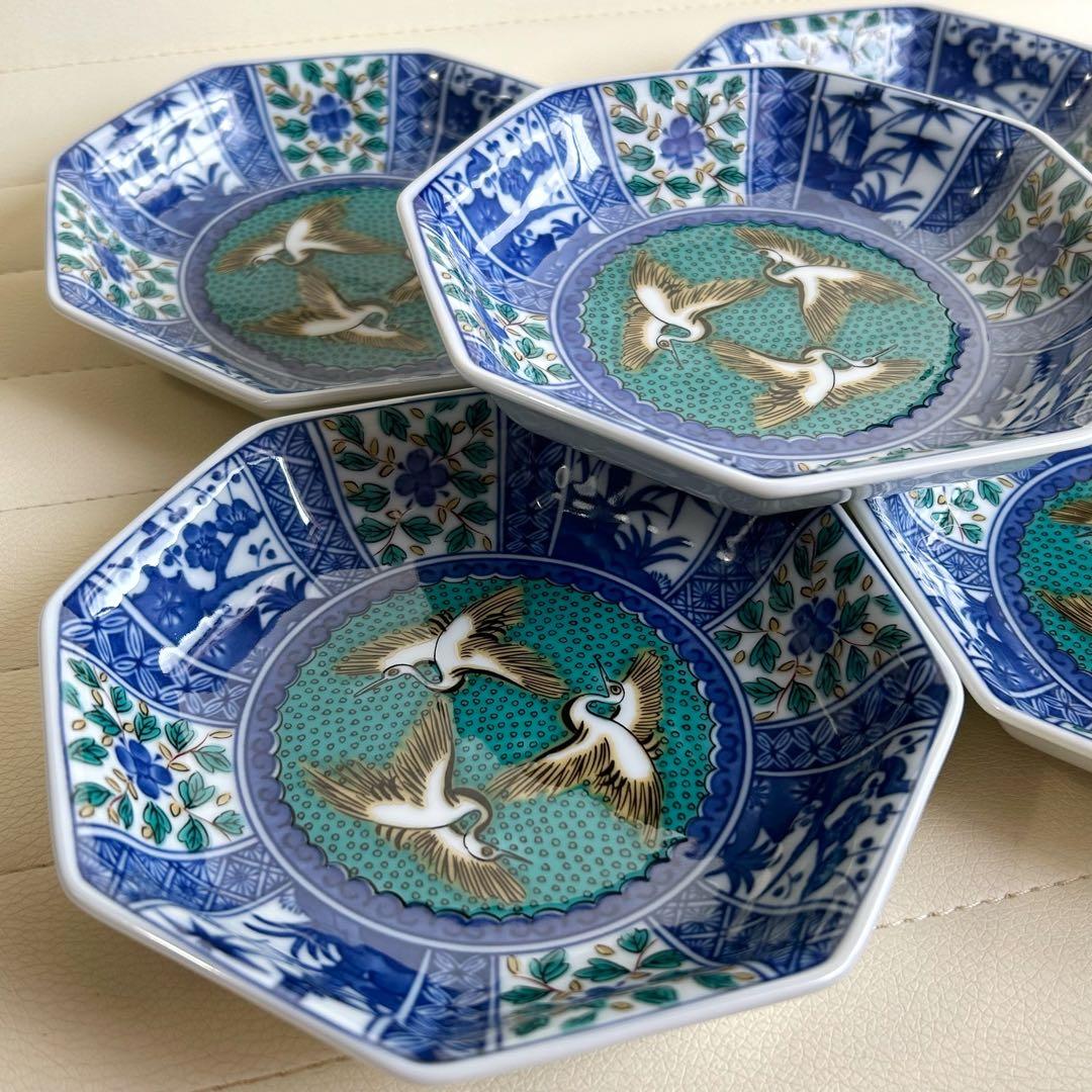 九谷焼　青郊窯　中皿揃　5枚セット　八角皿　染付花鳥　深皿　取り皿　和食器　青手