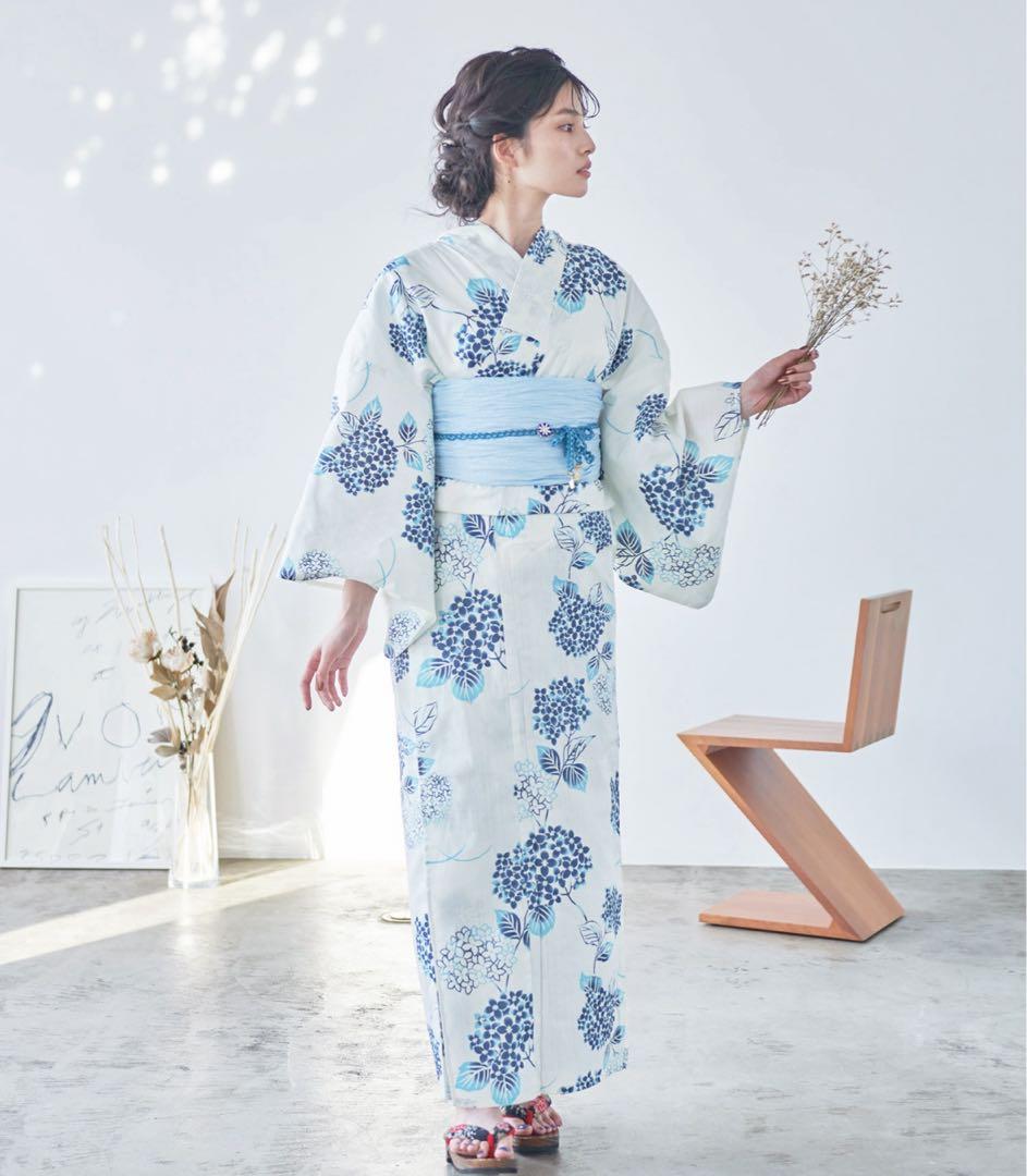 Dita浴衣　紫陽花柄　4点セット（ゆかた・しわへこ帯・下駄・腰ひも）バラ売り可