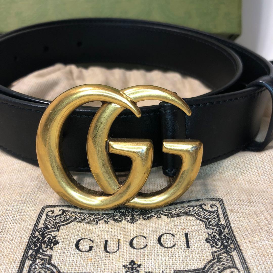GUCCI ブラックレザーベルト GGロゴ ダブルGスリムベルト