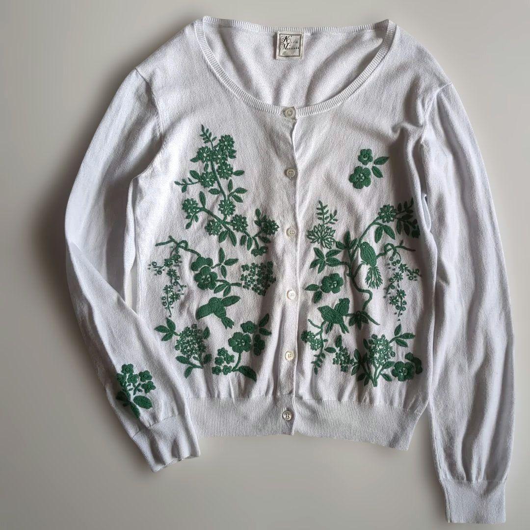 ケイタマルヤマ 緑花と鳥刺繍 アンサンブル カーディガン 半袖カットソー M