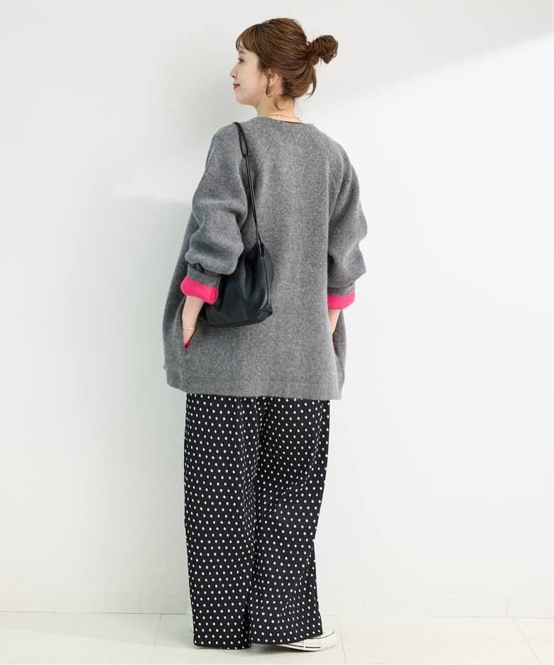 simplicite ２層スムース編みロングカーディガン　グレーピンクフォックス