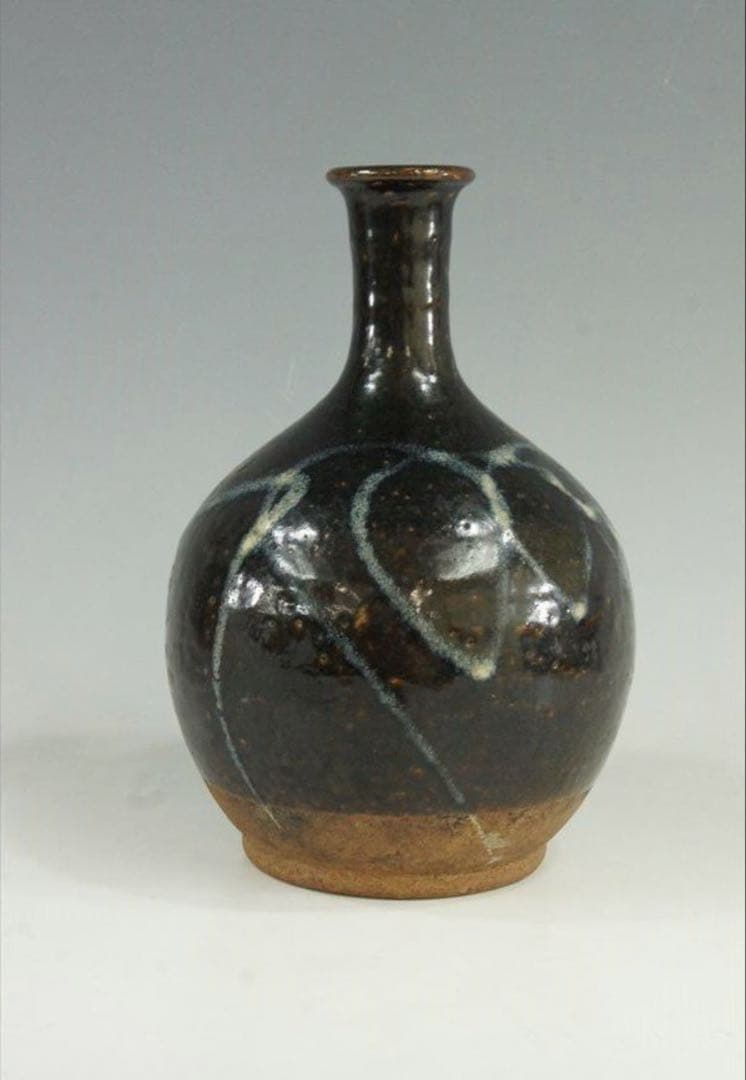 花器 古唐津 武雄系 素麺手 黒釉 茶道具 懐石 茶道 徳利 花入 骨董 古美術