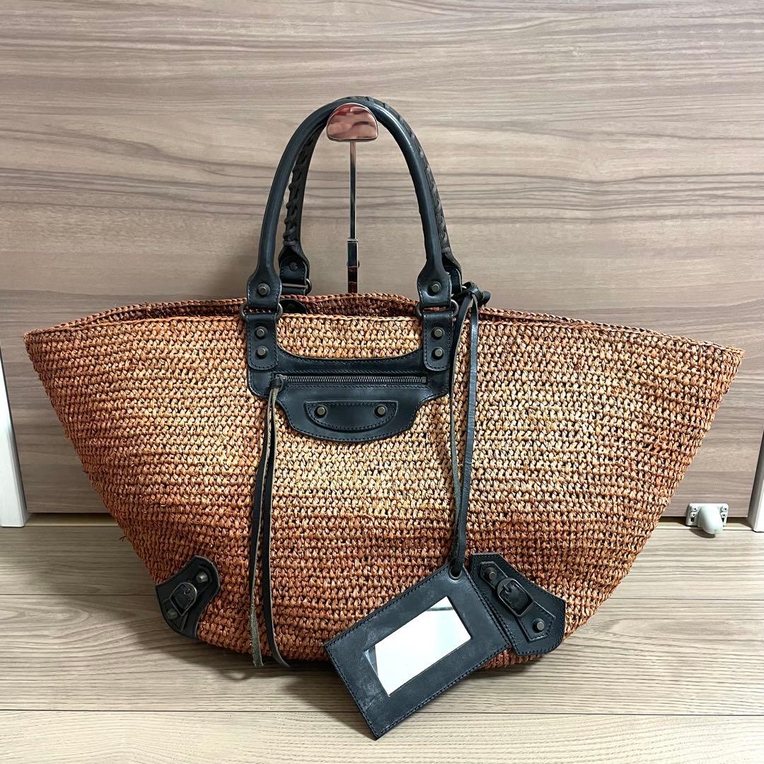 バレンシアガ　カゴバッグ　トートバッグ　ラフィア　シティ　ミラー　編み込み