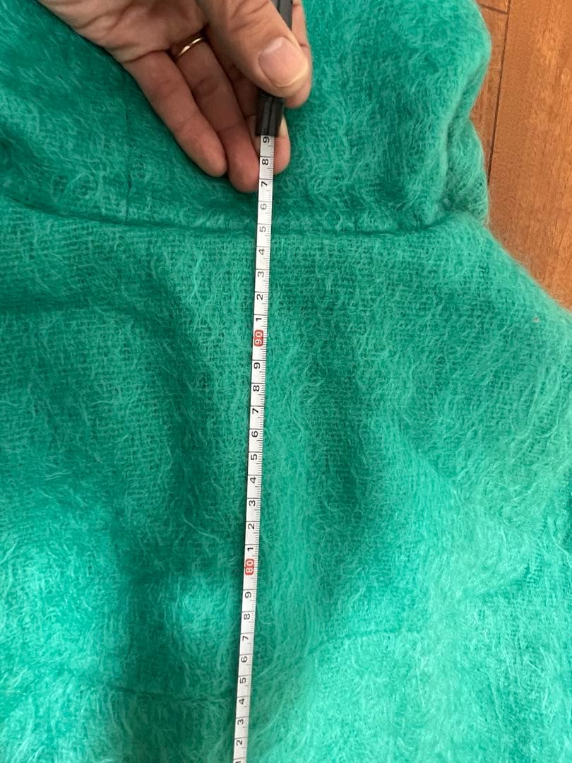 ターコイズ モヘア素材　ダッフルコート フード付き