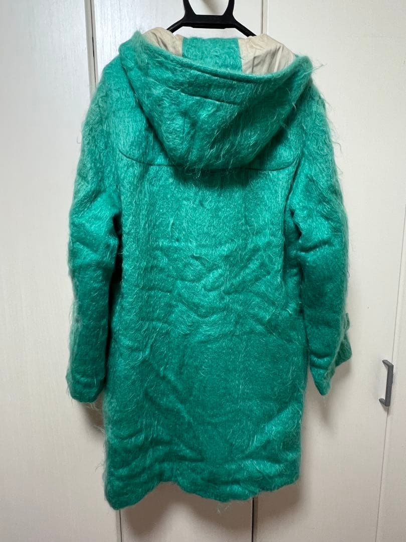 ターコイズ モヘア素材　ダッフルコート フード付き