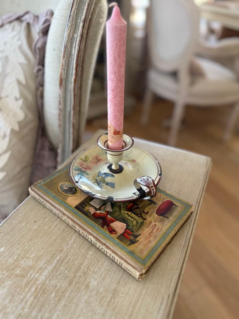 フランスアンティーク花と鳥のハンドペイントホーローキャンドルホルダー