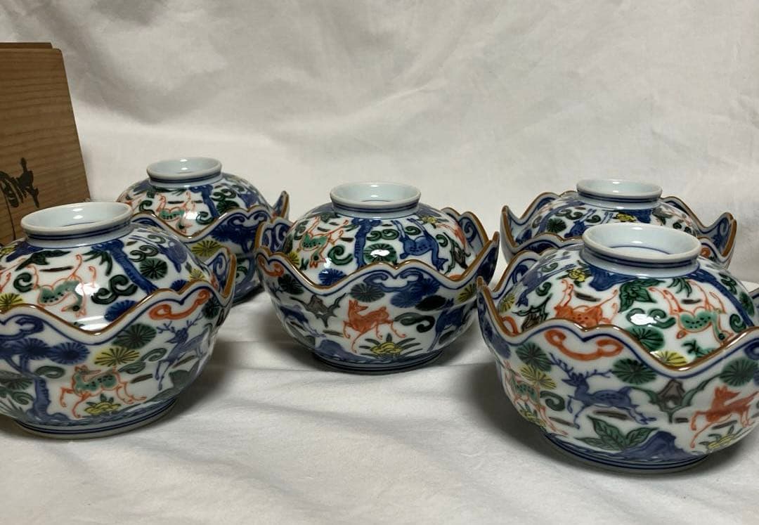 平安京泉　向付　５客　色絵　松鹿文　蓋向付