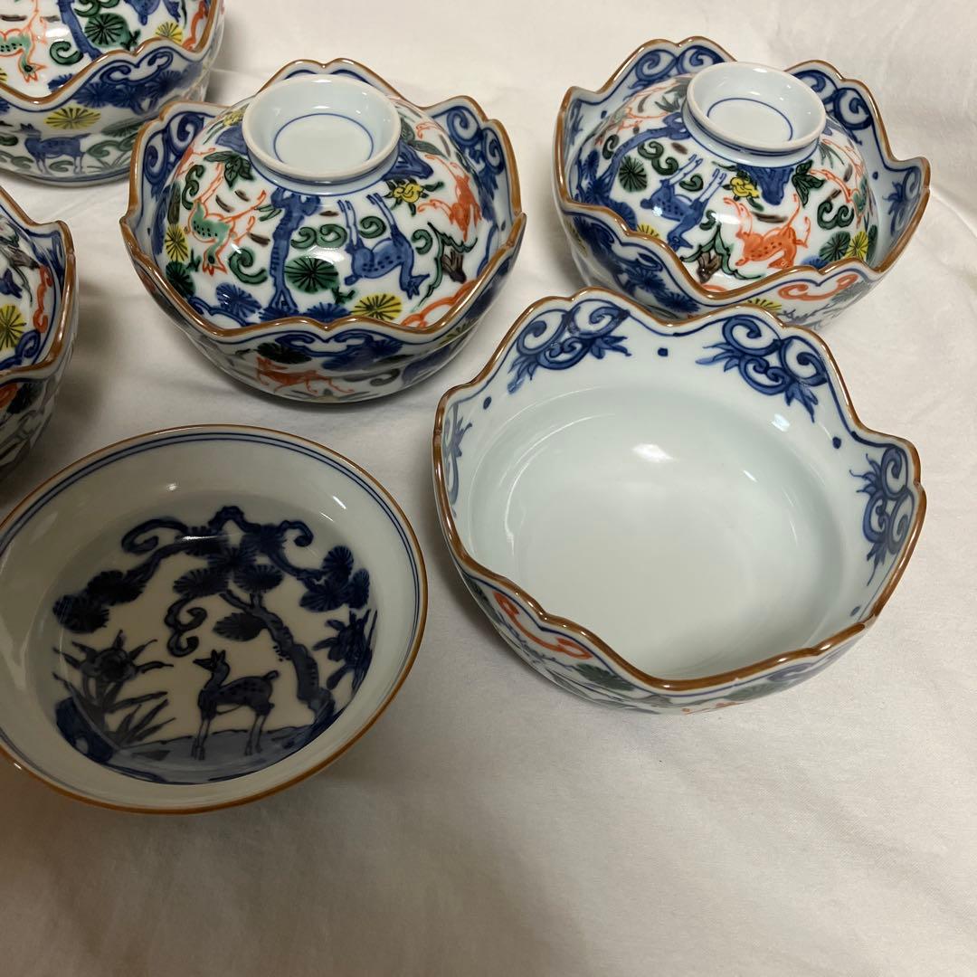 平安京泉　向付　５客　色絵　松鹿文　蓋向付