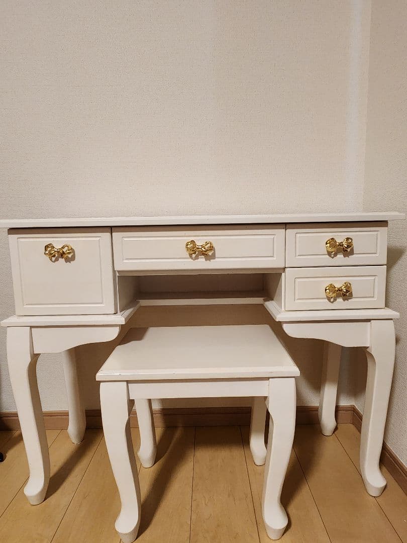 【美品】ネコ脚 ドレッサー 天然木セット 可愛い ホワイト家具 化粧台 スツール