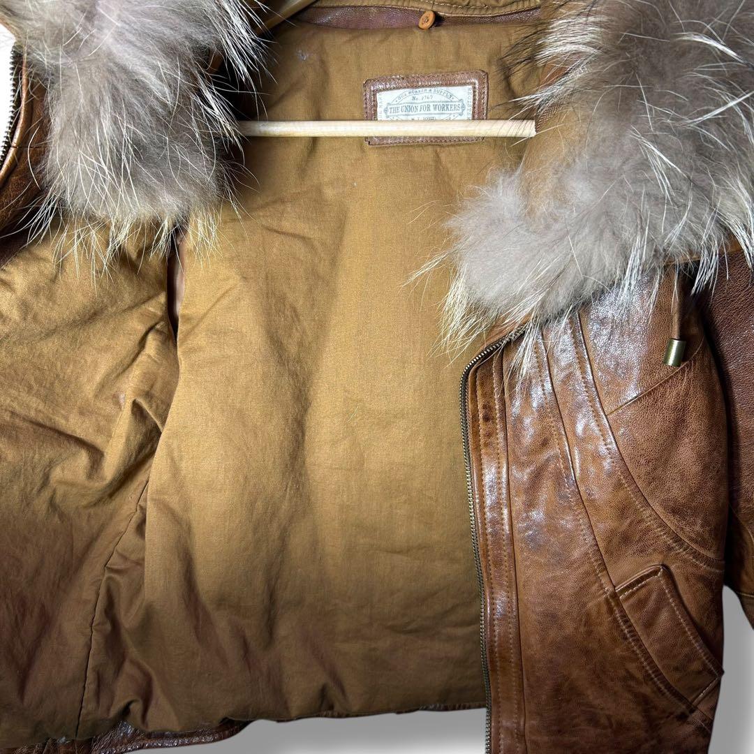 Goa 襟ファー　フード付きラムレザーシングルライダースジャケット　Y2K