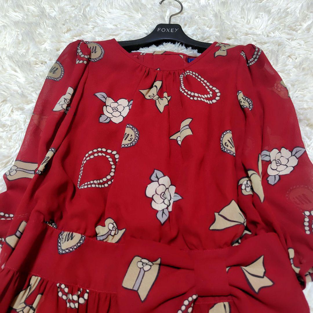 【極美品♡希少40】エムズグレイシー　アイコン柄シフォンリボンフレアワンピース