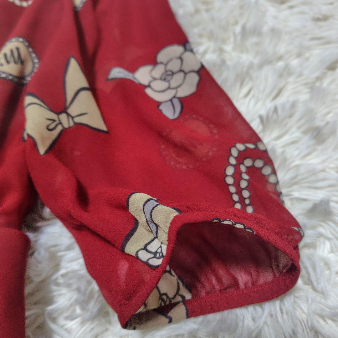 【極美品♡希少40】エムズグレイシー　アイコン柄シフォンリボンフレアワンピース