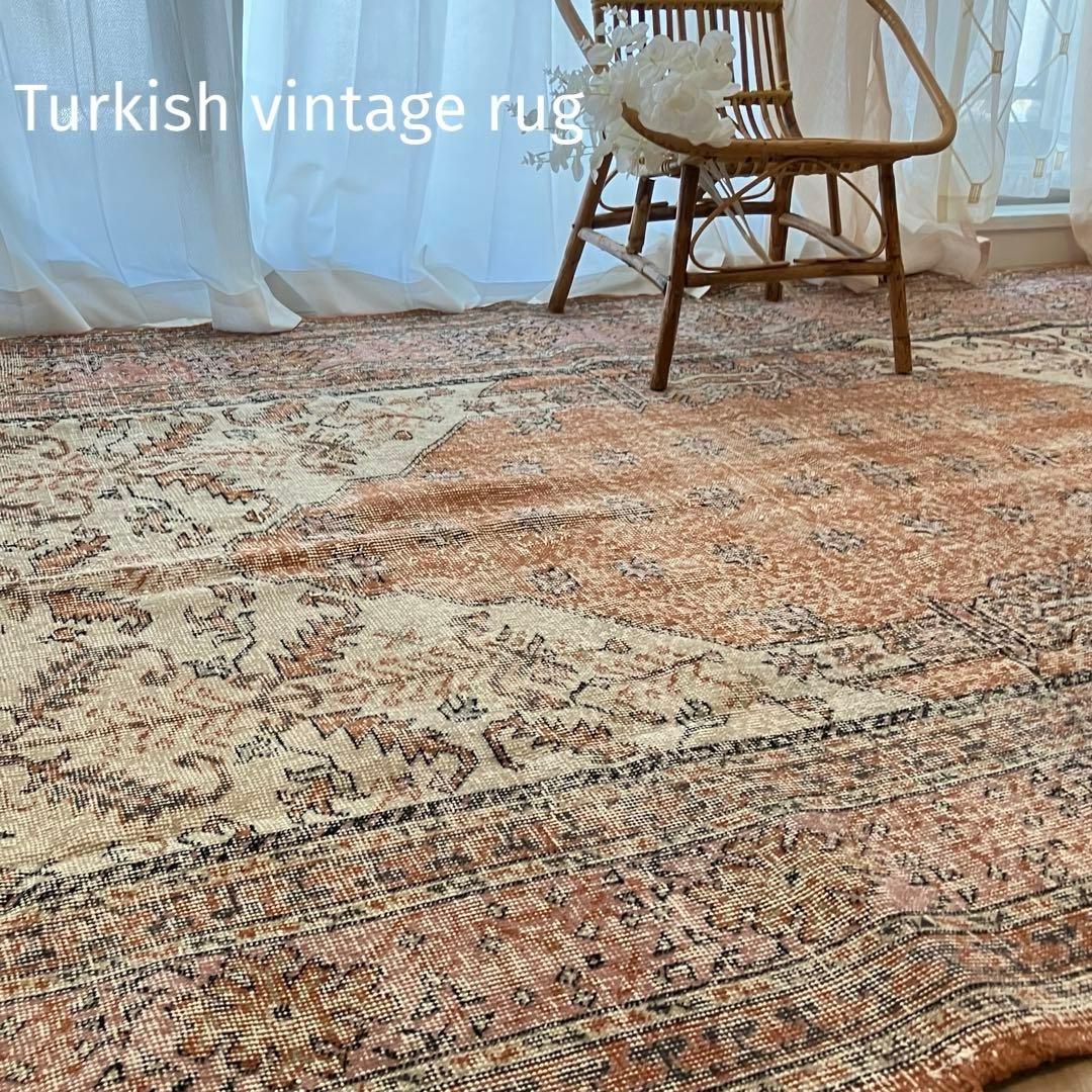 超大判157×269品メダリオン　コーラルピンク　ミルク　トルコヴィンテージラグ