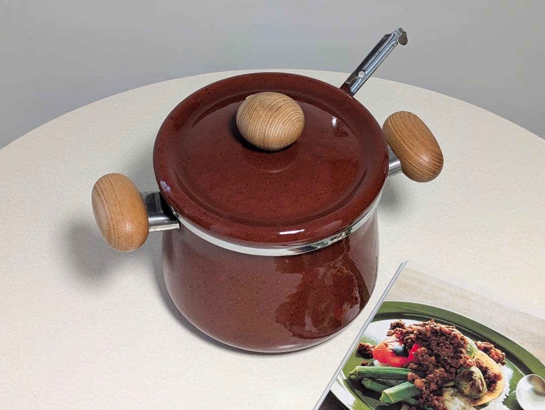 80s ビンテージ ホーロー鍋 ウッドハンドル 両手鍋　煮込み レトロ 美品箱付