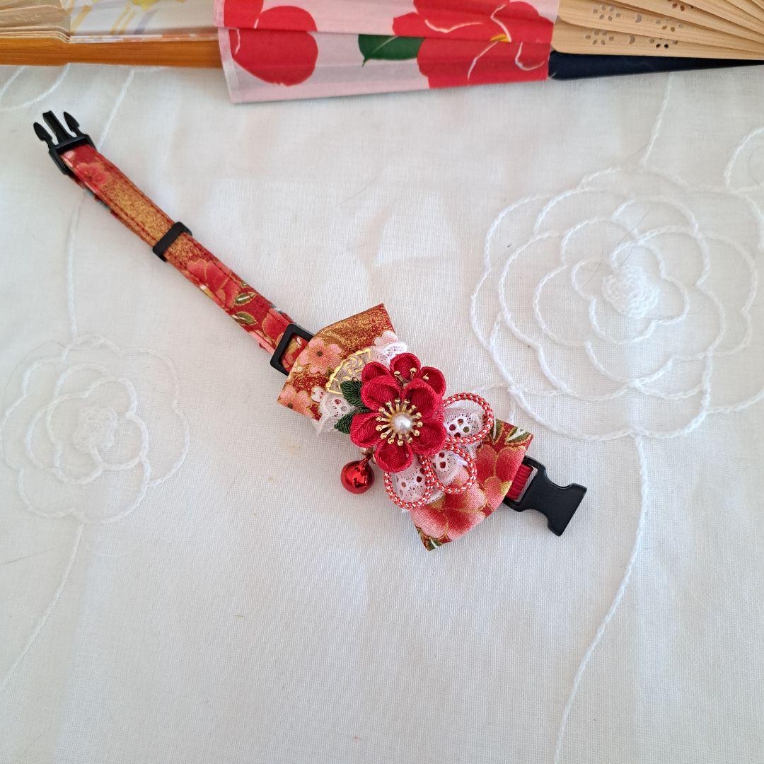 シングルリボン、和風つまみ細工(赤)わんちゃん猫ちゃん用首輪