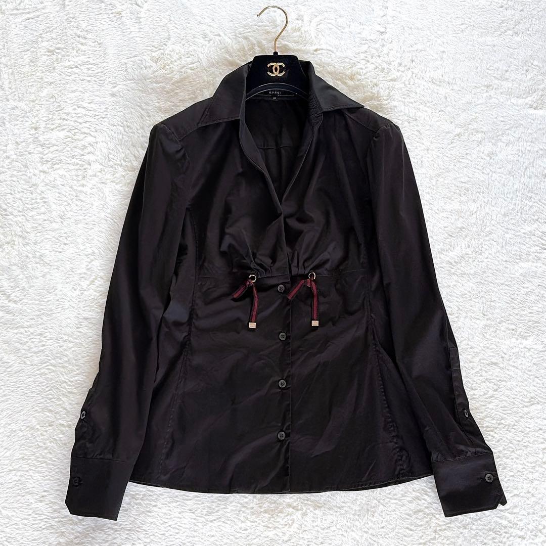 美品✨希少【グッチ】シェリーラインリボン付き長袖シャツ ロゴ刻印ボタン 黒 40