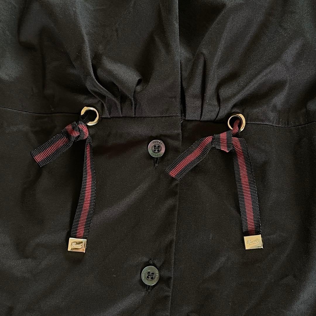美品✨希少【グッチ】シェリーラインリボン付き長袖シャツ ロゴ刻印ボタン 黒 40