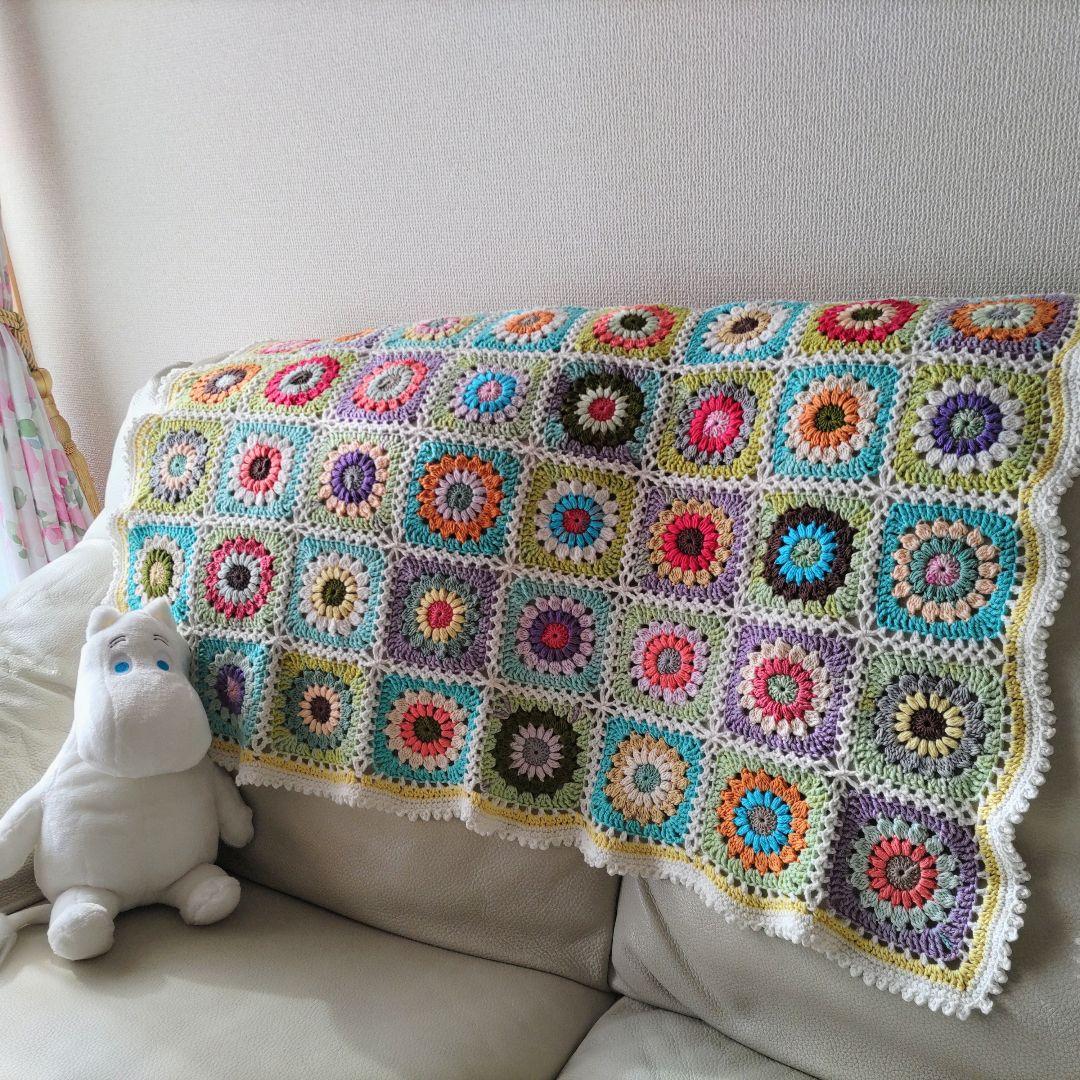 手編みブランケット★コットン★カラフル★おひさまグラニースクエア