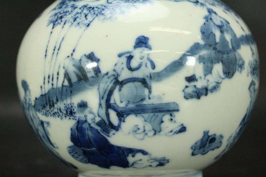 中国美術 青花 人物紋 瓶 高27cm 朗吟閣製 款(HA370)