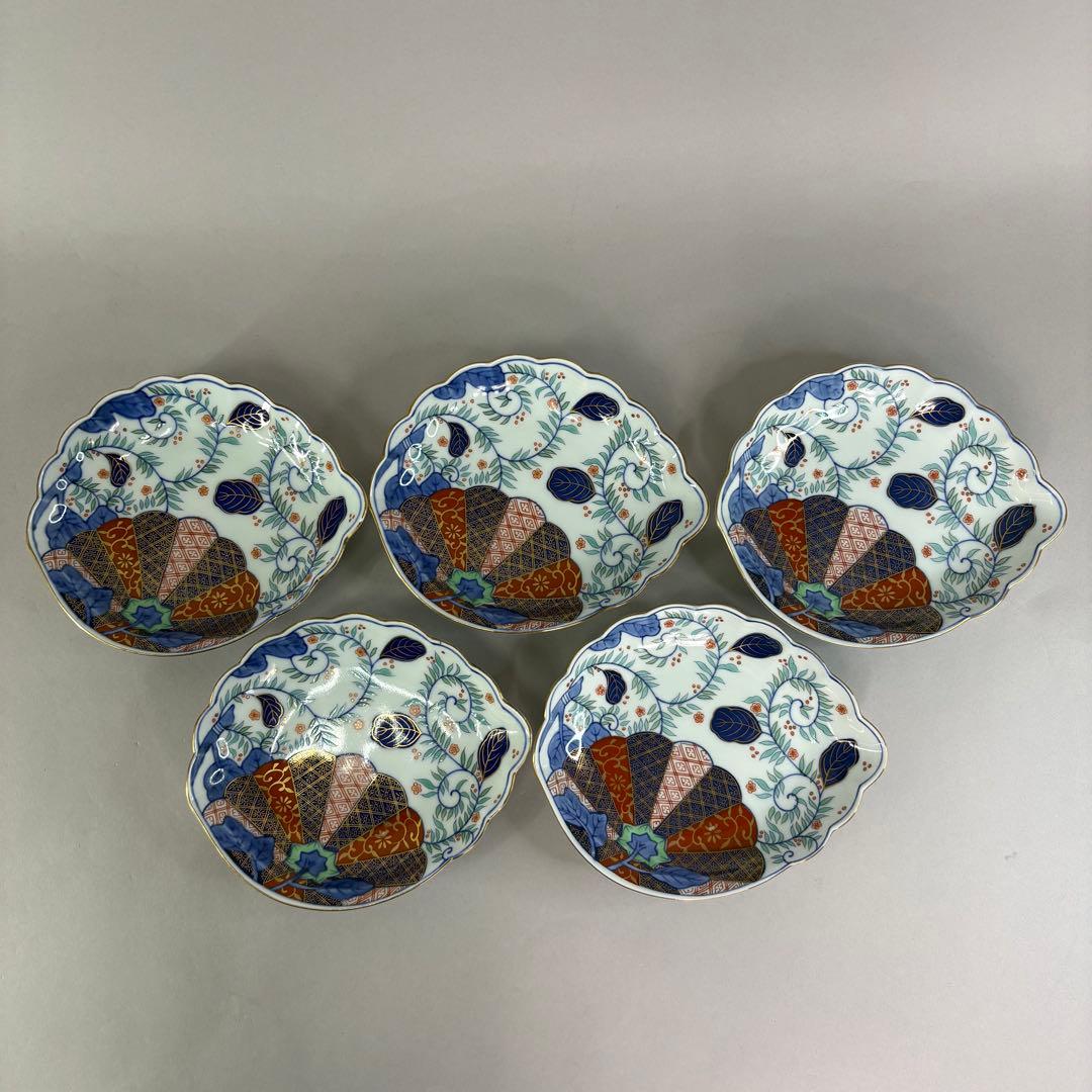 美品 有田焼 賞美堂 其泉 金彩色絵菊花唐草 鮑型 小皿 取皿 5客セット