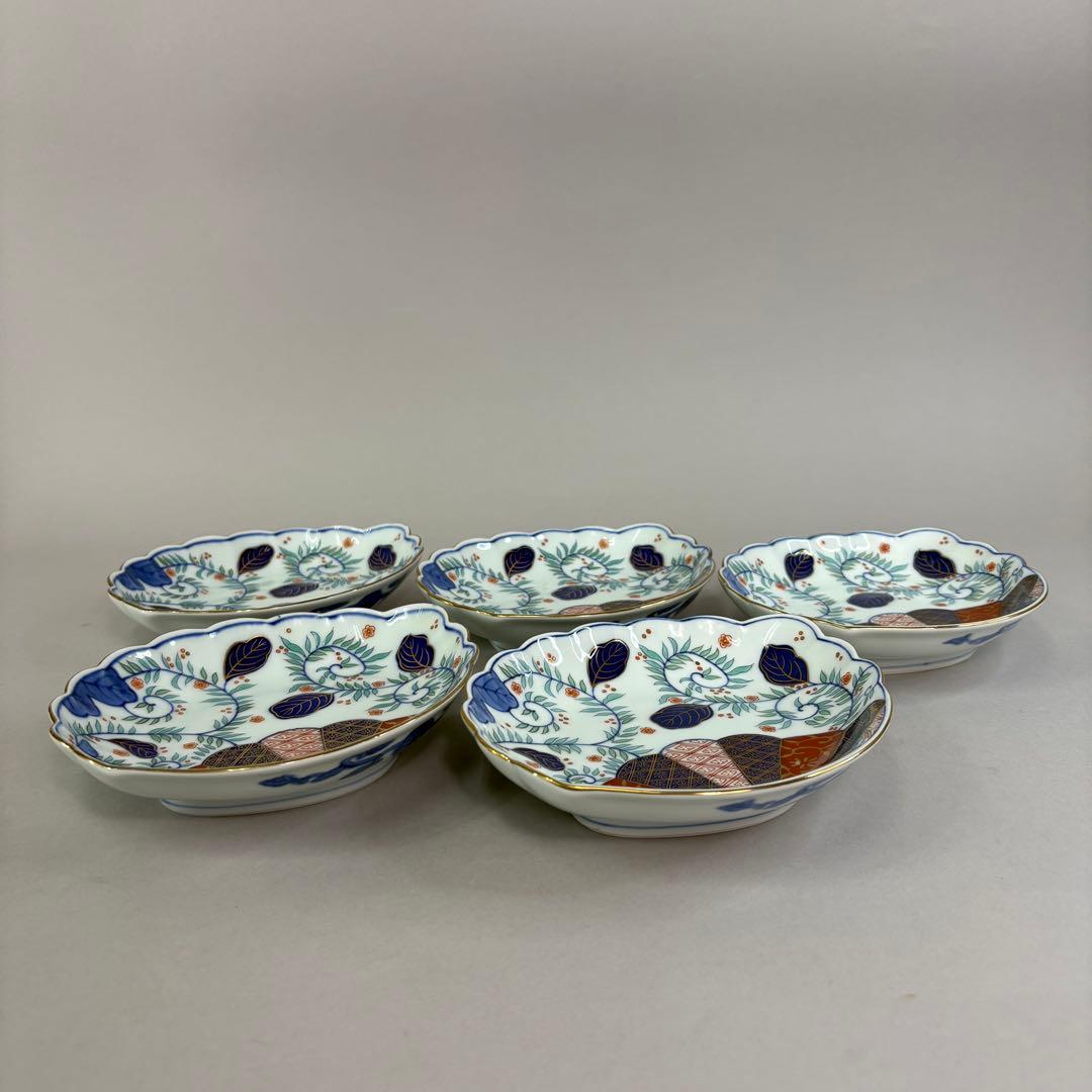 美品 有田焼 賞美堂 其泉 金彩色絵菊花唐草 鮑型 小皿 取皿 5客セット