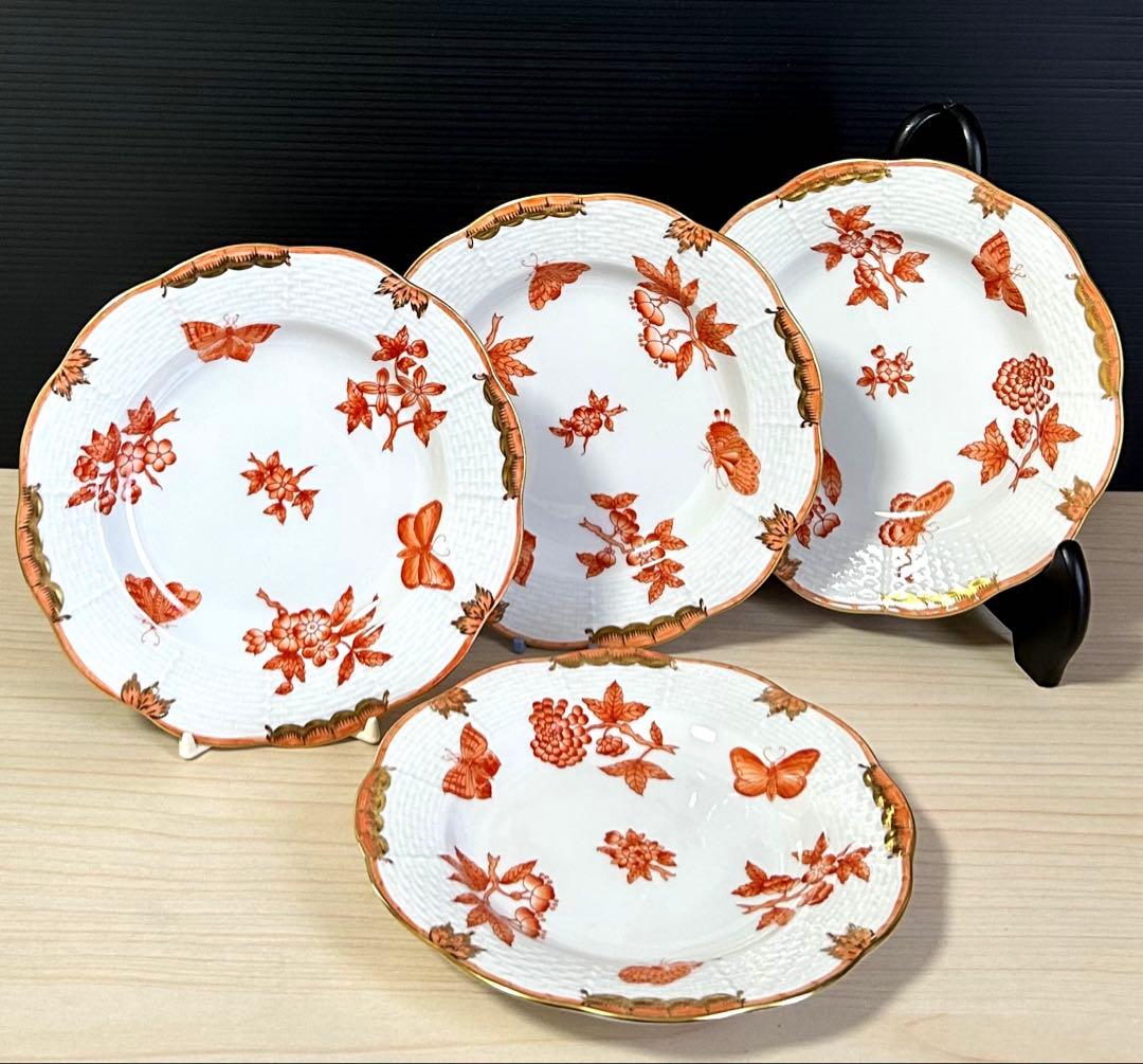 ヘレンド　ヴィクトリアオレンジ　プレート シノワズリ　4枚　※未使用保管品