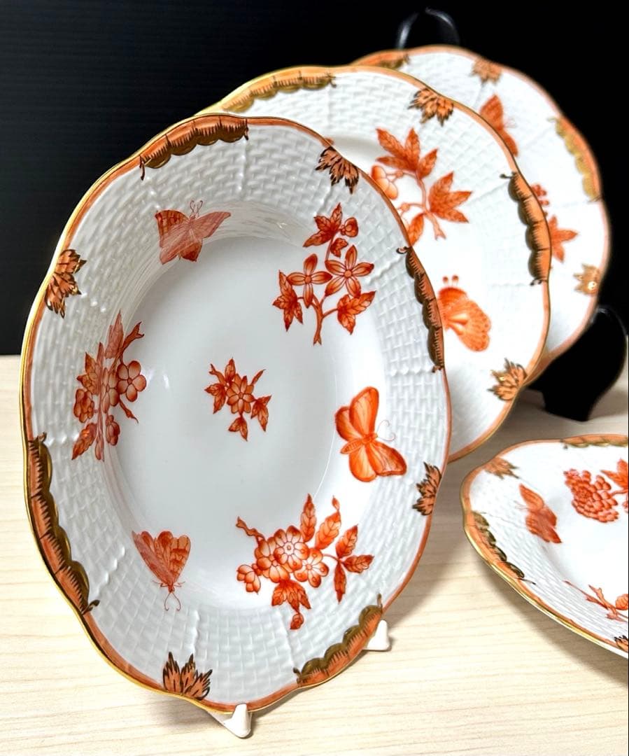 ヘレンド　ヴィクトリアオレンジ　プレート シノワズリ　4枚　※未使用保管品
