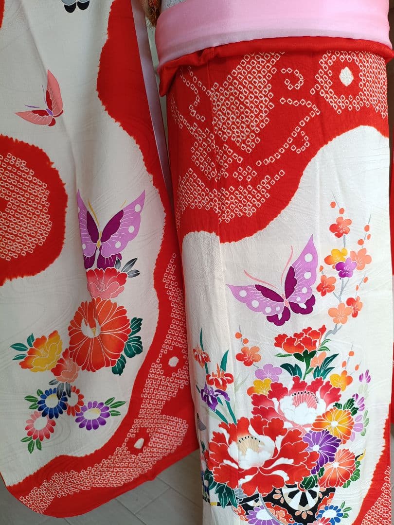 正絹★赤系部分絞り着物と作り帯フルセット