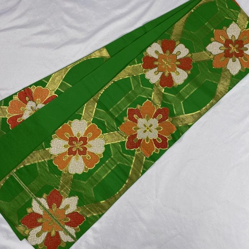 503ag58◎川島織物 十三参り 六通袋帯 ハーフ成人式 亀甲唐花 緑◎