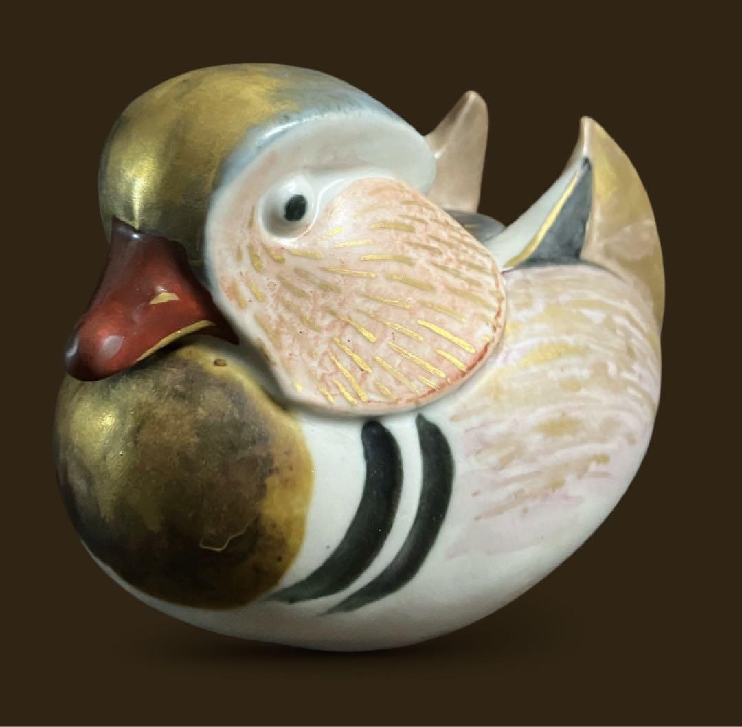 人気作家　沐向作　彩釉　オシドリ　鴛鴦　置物　　共箱　在銘品