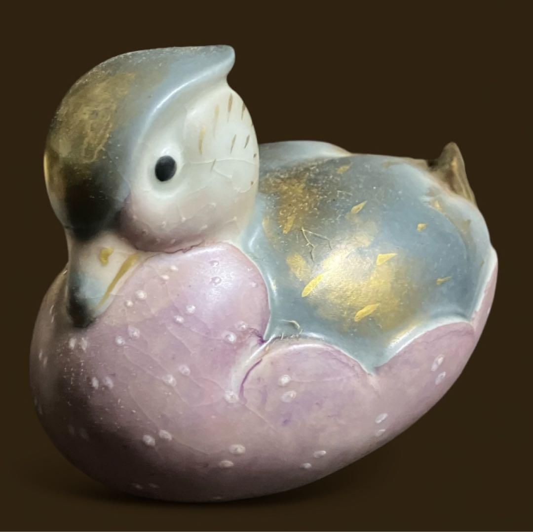 人気作家　沐向作　彩釉　オシドリ　鴛鴦　置物　　共箱　在銘品