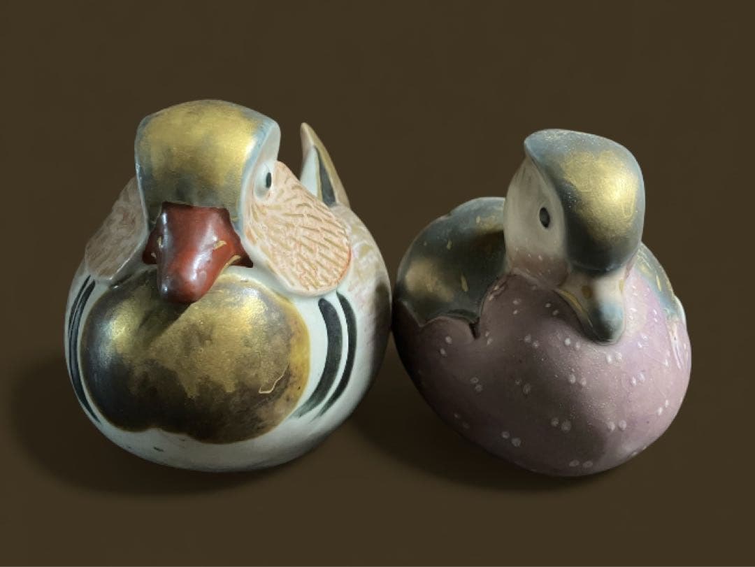 人気作家　沐向作　彩釉　オシドリ　鴛鴦　置物　　共箱　在銘品