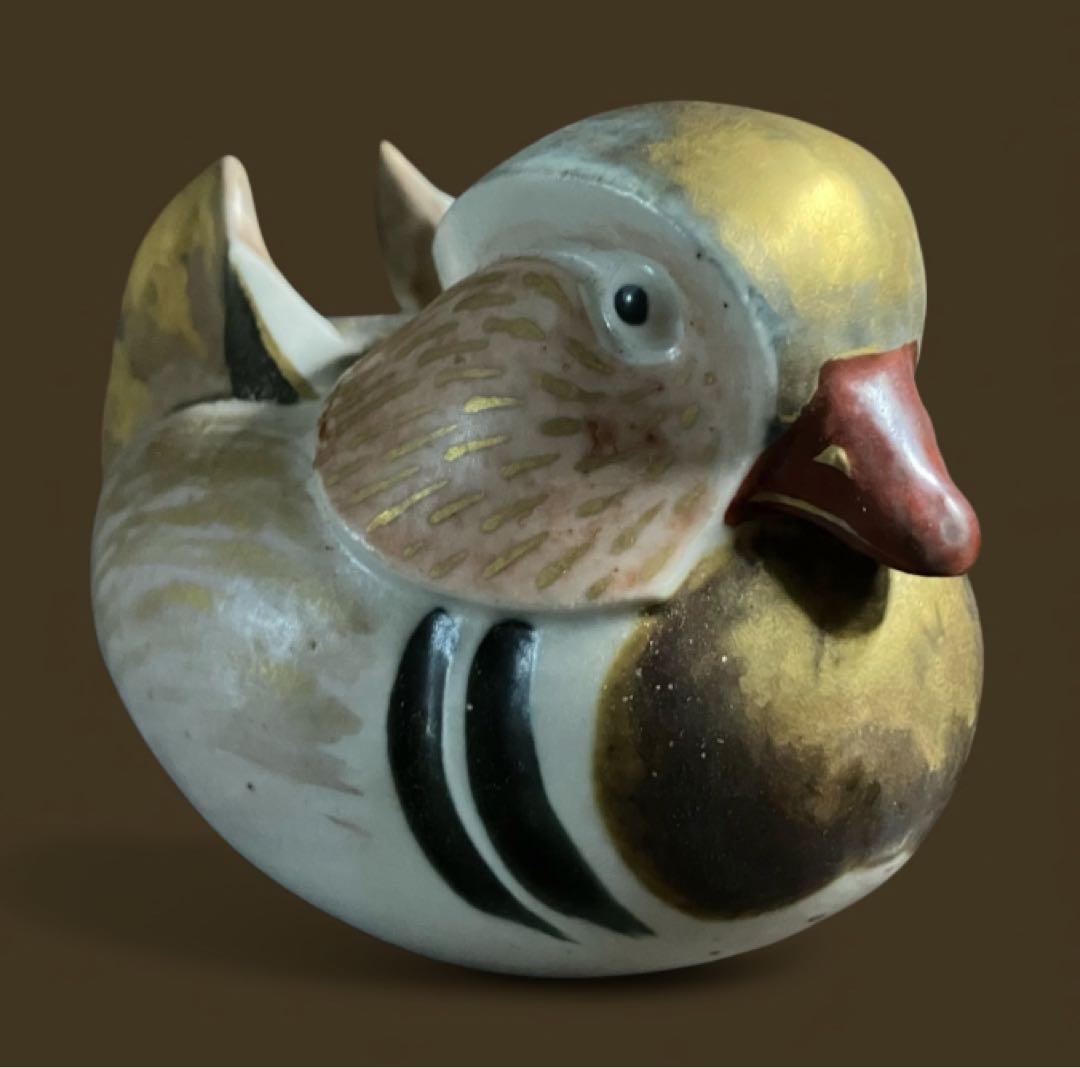 人気作家　沐向作　彩釉　オシドリ　鴛鴦　置物　　共箱　在銘品