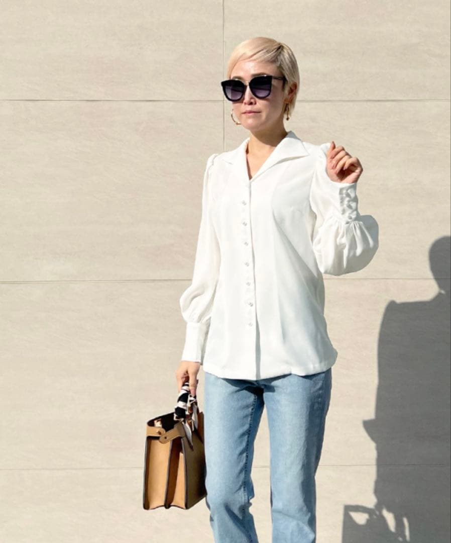 【美品】JENNE オープンカラーブラウス ホワイト