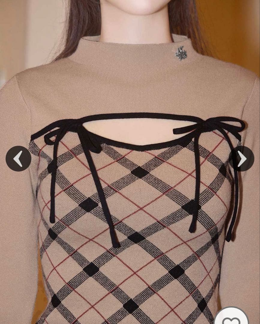 デコルテオープンチェックニットワンピ