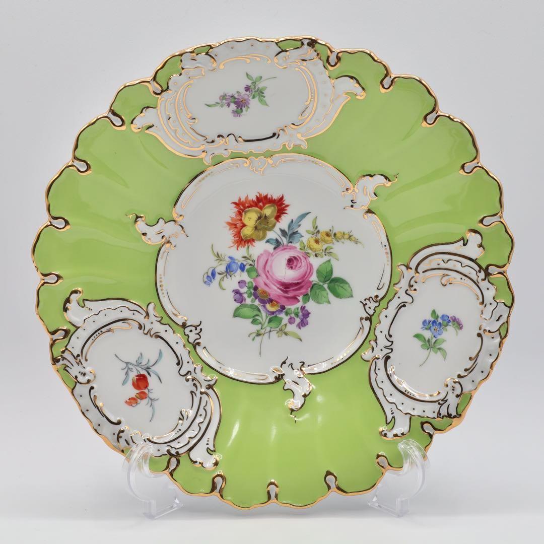 マイセン グランツゴールド 飾り皿 フラワーブーケ 五つ花 金彩 黄緑 一級品
