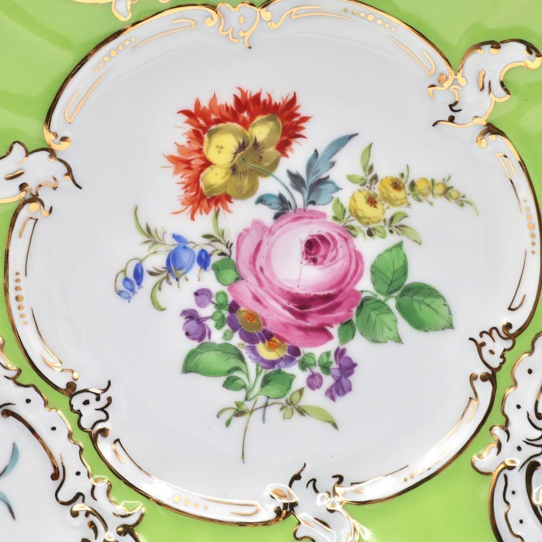 マイセン グランツゴールド 飾り皿 フラワーブーケ 五つ花 金彩 黄緑 一級品